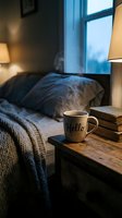 Steaming coffee mug on rustic wooden nightstand beside stacked books, cozy bedroom with soft lamp glow and knit blanket in moody blue morning light.