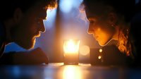 Silhouettes of couple facing each other in candlelight with warm glow, romantic atmosphere and intimate moment captured in soft focus lighting.