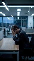 Stressed businessman holding head in hands at office desk during late night work hours showing burnout and workplace pressure in corporate environment.