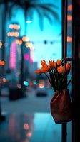 Orange tulips in brown vase against blurred urban nightscape with bokeh lights and palm tree silhouette creating moody atmospheric evening scene in blue tones.