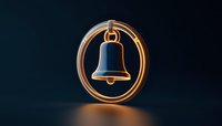 Glowing golden bell icon with neon light effect floating on dark background, metallic ring frame with luminous orange outline for notification design.