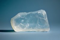Raw aquamarine crystal chunk with translucent blue hues on a soft blue background, showcasing natural mineral texture and clarity.