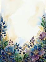 Watercolor floral frame with hand-painted botanical elements in blue, purple, and gold tones on cream background. Isolated design ready for invitations, cards, and print projects.