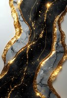 Luxury marble abstract background with gold glitter waves and sparkles on black stone texture. Elegant design for high-end decor and packaging.