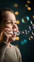 Happy young boy blowing soap bubbles with colorful bokeh lights in background creating magical childhood moment for family and lifestyle concepts.