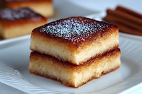 Homemade vanilla custard slice dusted with powdered sugar on white plate, showing layers of creamy filling between golden baked pastry squares.