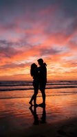 Romantic couple silhouette embracing on beach at sunset with dramatic orange and pink sky reflecting on wet sand for love and relationship concepts.