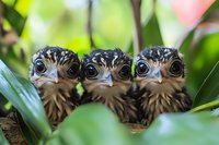 Three adorable baby birds with large eyes nestled together among green foliage in natural wildlife habitat for nature photography and educational content.