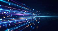 Abstract digital light trails with glowing particles and bokeh effects on dark blue background for technology and data visualization concepts.