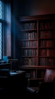 Dark moody home library with wooden bookshelves full of antique books, leather armchair, and vintage desk lamp by a window.