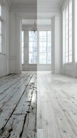 Elegant white room interior with contrasting floor showing renovation process - old distressed wooden planks transforming into refined hardwood flooring.