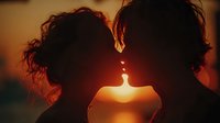 Romantic couple silhouettes about to kiss at golden sunset, intimate moment between man and woman, love and passion concept for wedding or dating themes.
