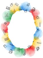 Colorful watercolor oval frame with school supplies icons including books, pencils, rulers and backpacks on white background for educational design projects.
