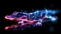 Glowing neon alligator silhouette with cosmic particle effects in pink and blue colors against dark background, creating mystical wildlife art piece.