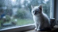Fluffy white kitten sitting on a windowsill beside a mug, gazing at raindrops on the glass on a cozy rainy day.