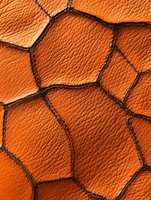 Orange leather texture with black cracked pattern, detailed macro shot showing natural grain and surface irregularities for fashion and design backgrounds.