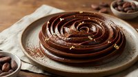 Rich chocolate ganache swirl on ceramic plate with cocoa beans, perfect for bakery menus, dessert blogs, and culinary marketing materials.