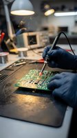 Electronics technician in blue gloves soldering circuit board with precision iron in professional repair workshop with focused lighting and technical equipment.