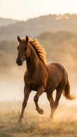 Majestic chestnut horse galloping through golden sunset field with flowing mane, warm light illuminating rural landscape for equestrian and nature themes.