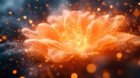 Glowing orange flower with magical sparkles and bokeh effects against dark background creates dreamy artistic nature macro photography.
