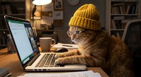 Orange tabby cat wearing yellow knit beanie hat working on laptop computer in cozy home office with warm lighting and bookshelves in background.
