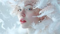 Young woman with pale skin and red lips surrounded by delicate white feathers creating ethereal, dreamy atmosphere against light blue background.