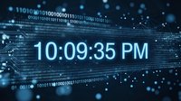 Digital clock display showing 10:09:35 PM time with glowing blue binary code and circuit board patterns in futuristic cyber technology background.