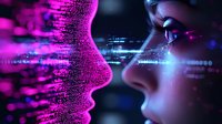 Digital profile made of binary code facing young Asian woman in neon pink and blue lighting, representing artificial intelligence and human interaction in technology.