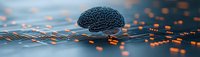 Digital brain on circuit board with glowing orange connections and neural network pathways against dark background, panoramic technology concept.