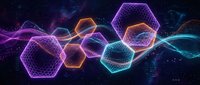 Futuristic hexagonal molecular structures with glowing neon wireframes floating in cosmic space with purple, orange and cyan energy effects.