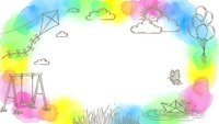 Colorful watercolor frame with playground swing, kite, balloons, paper boat and butterfly creating cheerful border for children content and spring designs.