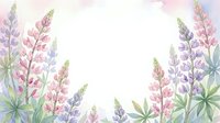 Soft watercolor lupine flowers in pink and purple frame a white copy space, perfect for greeting cards, invitations, and spring designs.