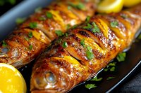 Grilled whole fish with citrus slices tucked into diagonal cuts, glazed with savory sauce and garnished with fresh herbs, served on dark plate with lemon.