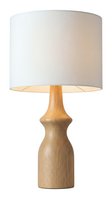Contemporary wooden table lamp with natural oak base and cylindrical white linen shade, modern home decor lighting fixture for bedroom, living room, or office interior design.