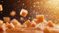 Caramel fudge candy pieces flying with sugar powder splash against dark background, sweet food photography with dynamic motion effect.