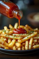 Crispy golden french fries sprinkled with herbs on dark plate with red sauce pouring from bottle, close-up shot on dark background. Food photography for menu.
