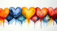 Colorful watercolor hearts in rainbow order with dripping paint effect on white background, seamless border pattern for romantic and artistic designs.