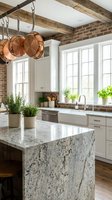 Rustic farmhouse kitchen with exposed brick walls, wooden beams, white cabinets, granite island, copper pots and fresh herbs for modern home design.