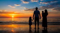Family silhouettes holding hands on beach at sunset with golden sky and ocean waves reflecting warm light creating peaceful vacation moment.