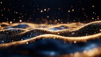 Abstract golden particle waves flowing through dark blue space with glowing bokeh lights creating elegant digital energy streams for modern technology backgrounds.
