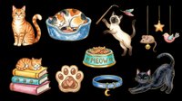Watercolor cats clipart set with cute kittens, paw print, food bowl, and toys, isolated on transparent background. Great for stickers, t-shirt design, and print on demand.