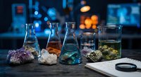Laboratory glassware with colorful chemical solutions and mineral specimens on wooden table in modern research facility for scientific experiments.