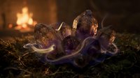 Mystical amethyst crystals glowing with purple energy flames on moss near cozy fireplace creating magical spiritual atmosphere for meditation and healing practices.