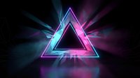 Neon triangle frame with glowing pink and blue lights radiating energy beams on dark background for futuristic digital design projects.