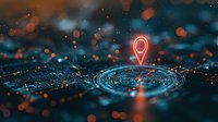 Glowing location pin marker with digital circular waves on dark background with bokeh lights, futuristic navigation concept for technology designs.