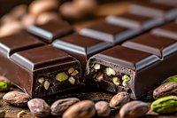 Dark chocolate bar with pistachio nuts broken in half showing texture and filling, surrounded by raw nuts on wooden surface in macro shot.