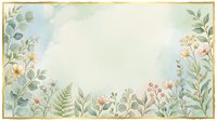Soft watercolor floral frame with pastel green leaves, delicate wildflowers, and gold border, perfect blank space for wedding or greeting card.