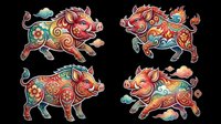 Colorful decorative pigs with ornate patterns, isolated on transparent background. Ready for t-shirt design, clipart, stickers, sublimation, and print-on-demand products.