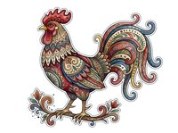 Ornamental rooster with decorative flourishes and intricate patterns, isolated on transparent background, ready for design projects, textiles, and clipart applications.