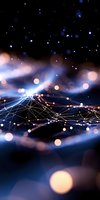 Abstract network connections with glowing nodes and lines against dark blue background with bokeh light effects and particles floating in space.
